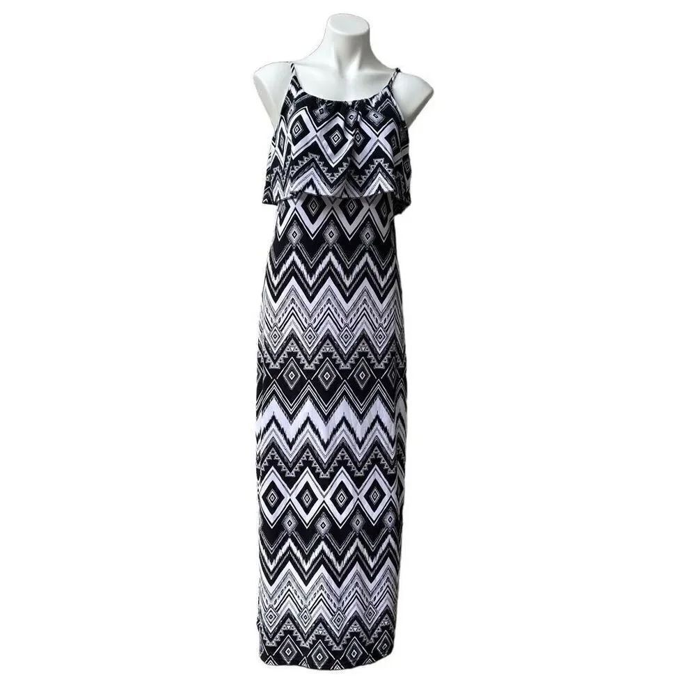 Bobbie Brooks Womens Maxi Dress Layered Chevron Stretch Black White Medium